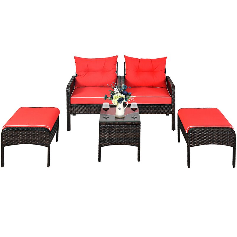 Pemberly Row 5-piece Rattan & Steel Patio Furniture Set with 2 Ottomans in Red