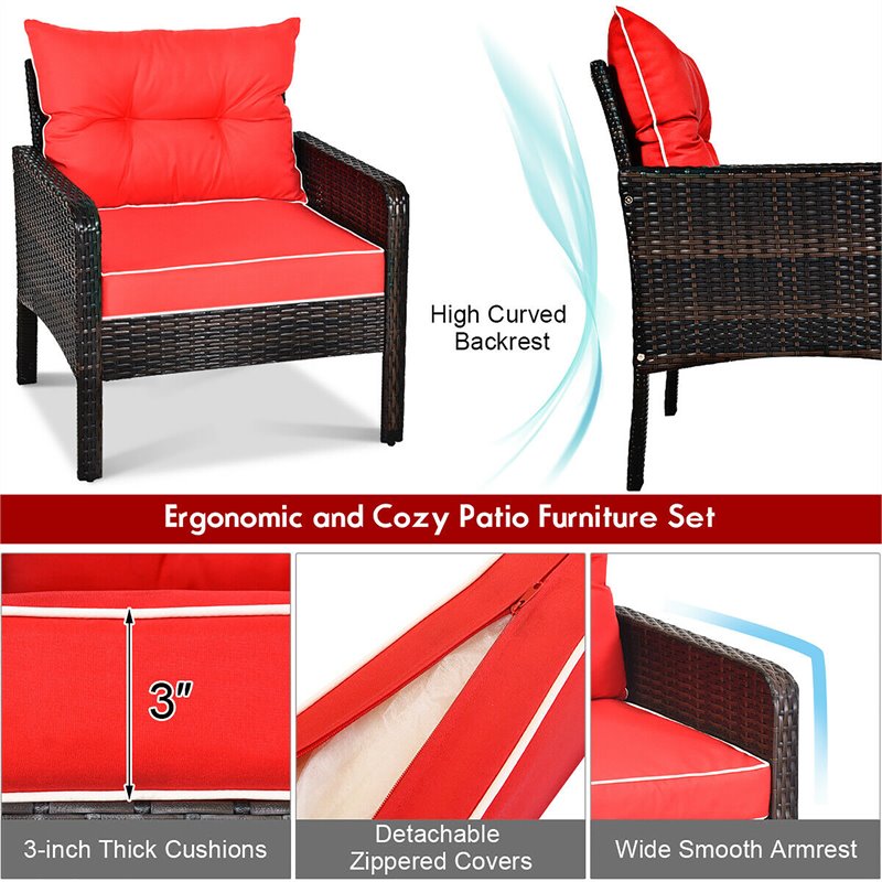 Pemberly Row 5-piece Rattan & Steel Patio Furniture Set with 2 Ottomans in Red