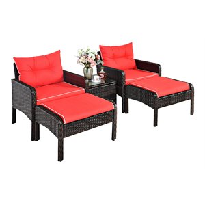 Pemberly Row 5-piece Rattan & Steel Patio Furniture Set with 2 Ottomans in Red