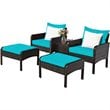 Pemberly Row 5-Pc Rattan & Steel Patio Furniture Set w/ 2 Ottomans in Turquoise