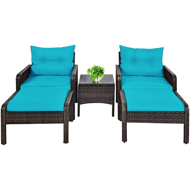 Pemberly Row 5-Pc Rattan & Steel Patio Furniture Set w/ 2 Ottomans in Turquoise