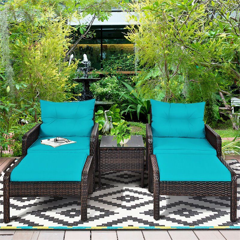 Pemberly Row 5-Pc Rattan & Steel Patio Furniture Set w/ 2 Ottomans in Turquoise