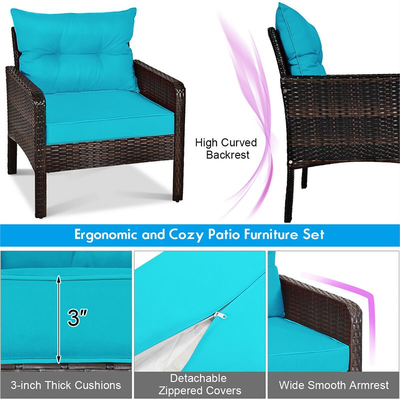 Pemberly Row 5-Pc Rattan & Steel Patio Furniture Set w/ 2 Ottomans in Turquoise