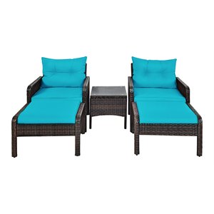 Pemberly Row 5-Pc Rattan & Steel Patio Furniture Set w/ 2 Ottomans in Turquoise