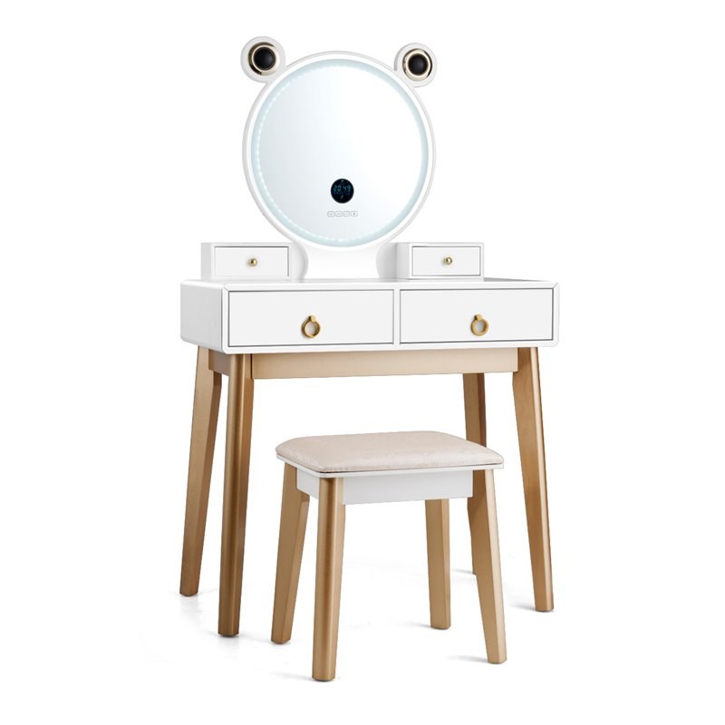 Pemberly Row MDF Vanity Dressing Table Set with Bluetooth Speakers in White/Gold