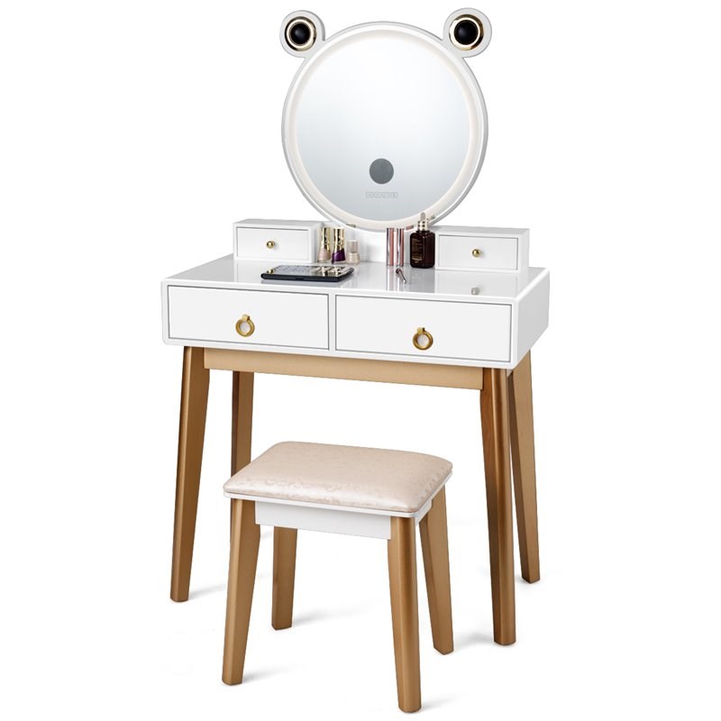 Pemberly Row MDF Vanity Dressing Table Set with Bluetooth Speakers in White/Gold