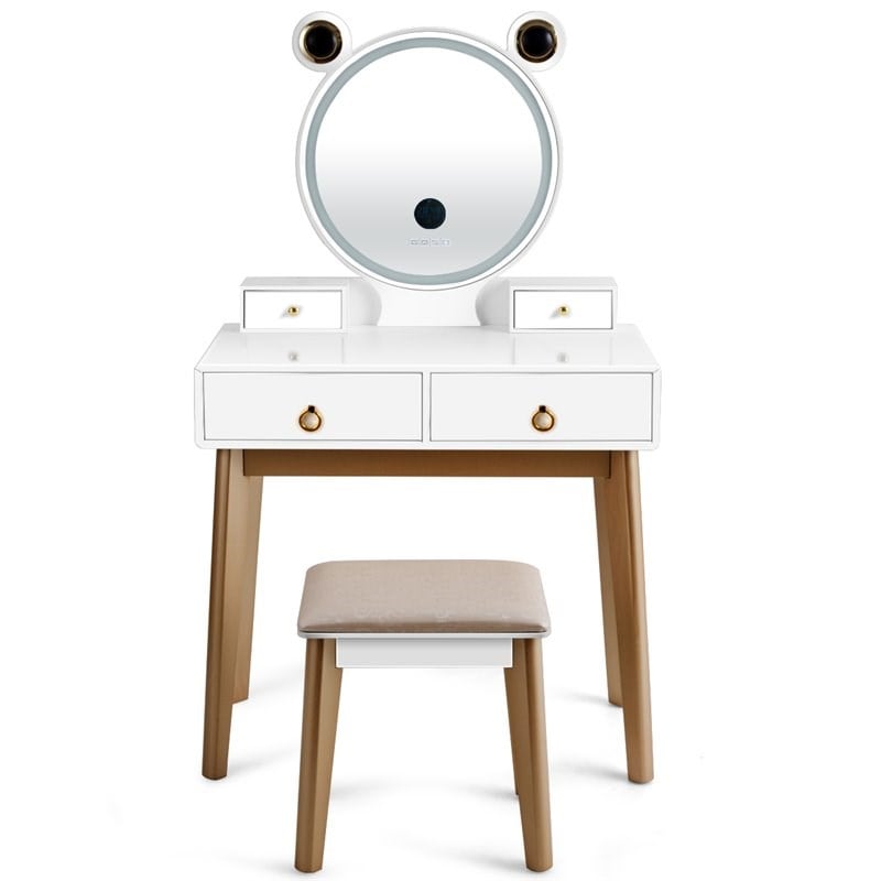 Pemberly Row MDF Vanity Dressing Table Set with Bluetooth Speakers in White/Gold