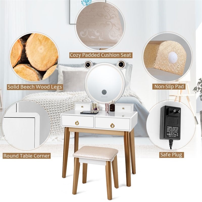 Pemberly Row MDF Vanity Dressing Table Set with Bluetooth Speakers in White/Gold