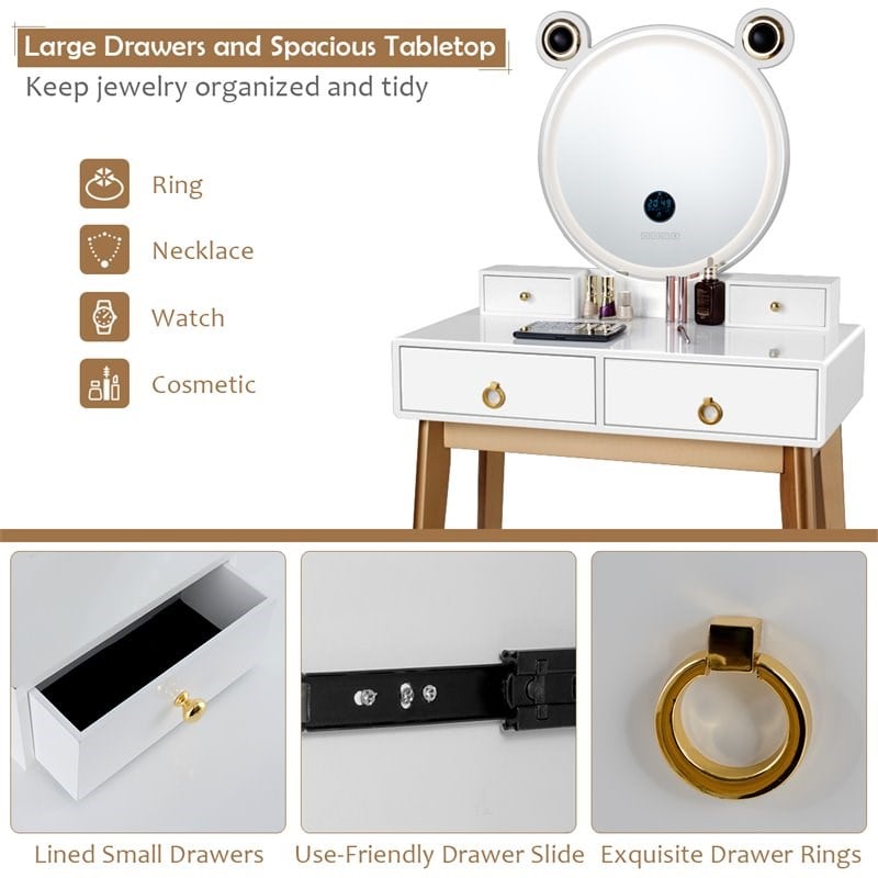 Pemberly Row MDF Vanity Dressing Table Set with Bluetooth Speakers in White/Gold