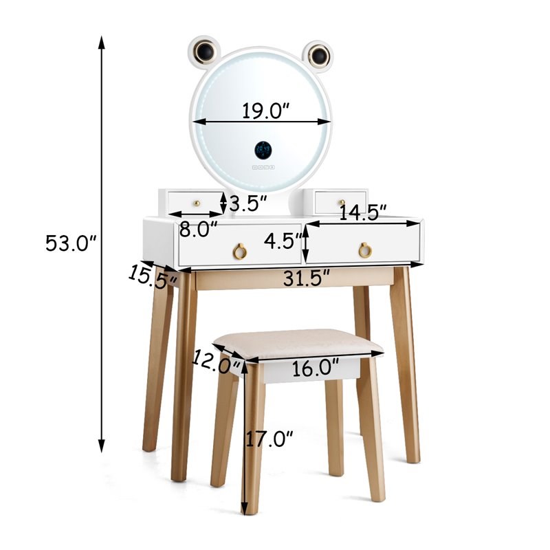 Pemberly Row MDF Vanity Dressing Table Set with Bluetooth Speakers in White/Gold