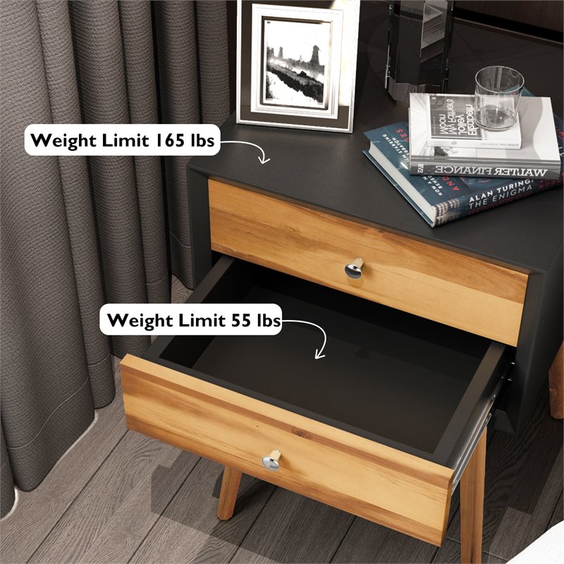 Pemberly Row Contemporary Solid Wood Nightstand with 2 Sliding Drawers in Black