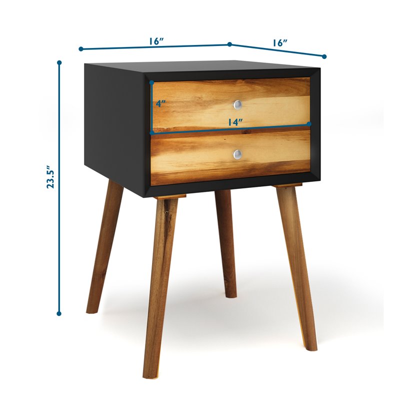Pemberly Row Contemporary Solid Wood Nightstand with 2 Sliding Drawers in Black