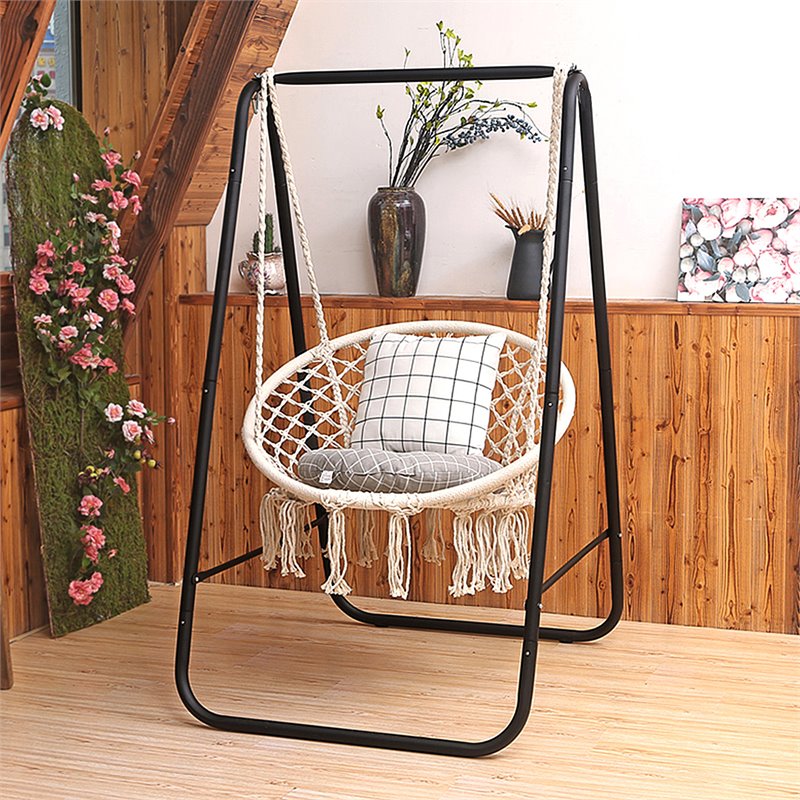 Pemberly Row Contemporary Cotton and Steel Hanging Hammock Chair in Beige