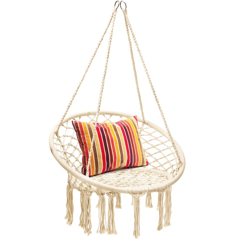 Pemberly Row Contemporary Cotton and Steel Hanging Hammock Chair in Beige