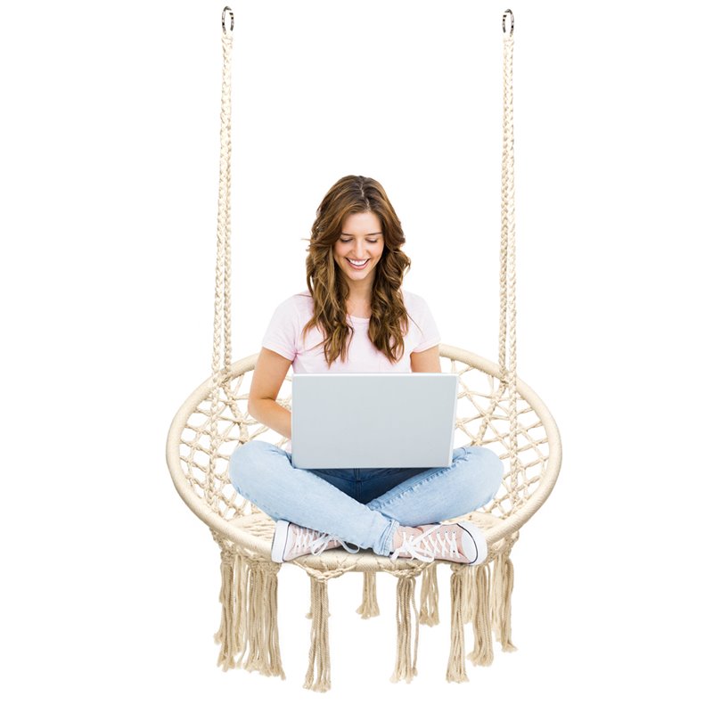 Pemberly Row Contemporary Cotton and Steel Hanging Hammock Chair in Beige