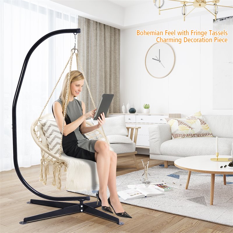 Pemberly Row Contemporary Cotton and Steel Hanging Hammock Chair in Beige