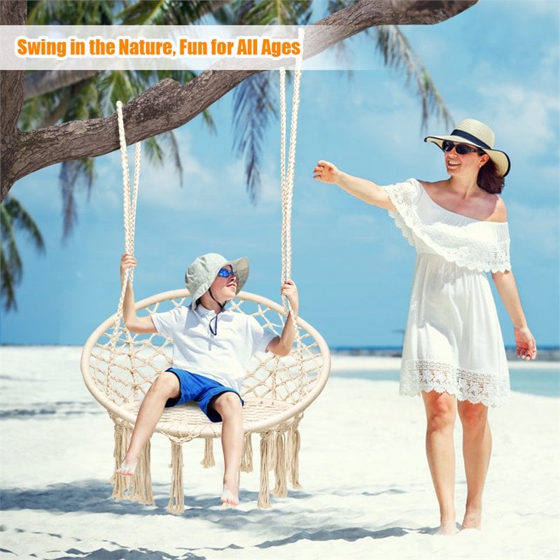 Pemberly Row Contemporary Cotton and Steel Hanging Hammock Chair in Beige