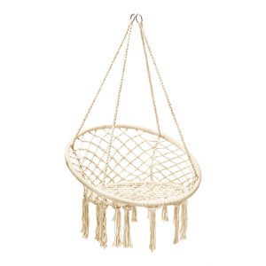 Pemberly Row Contemporary Cotton and Steel Hanging Hammock Chair in Beige