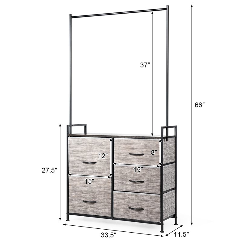 Pemberly Row 5-drawer MDF and Non-woven Fabric Closet Storage in Black/Gray