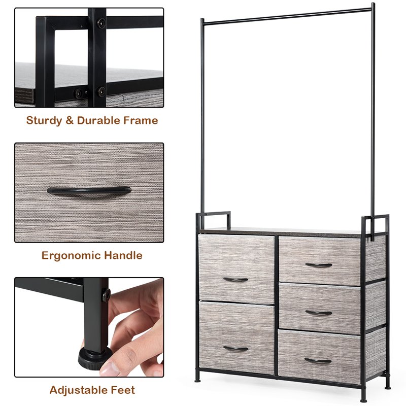 Pemberly Row 5-drawer MDF and Non-woven Fabric Closet Storage in Black/Gray
