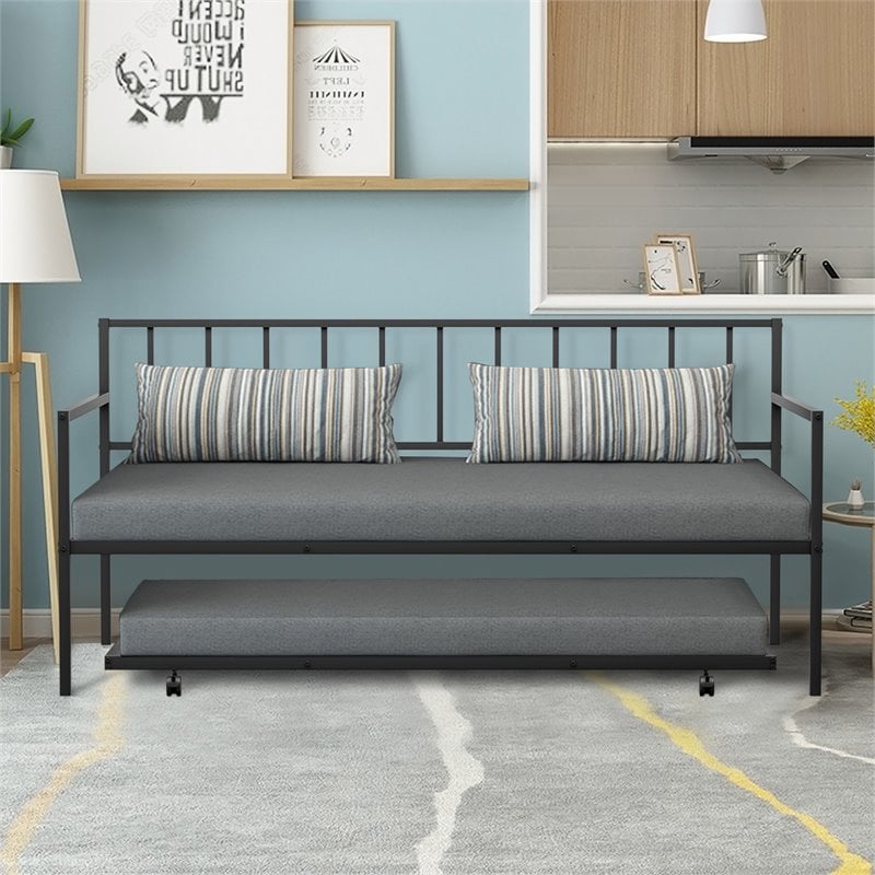 Pemberly Row Steel and MDF Twin Trundle Platform Daybed with 4 Casters in Black