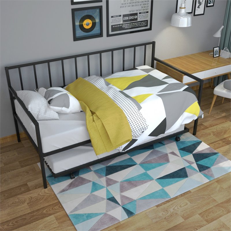 Pemberly Row Steel and MDF Twin Trundle Platform Daybed with 4 Casters in Black