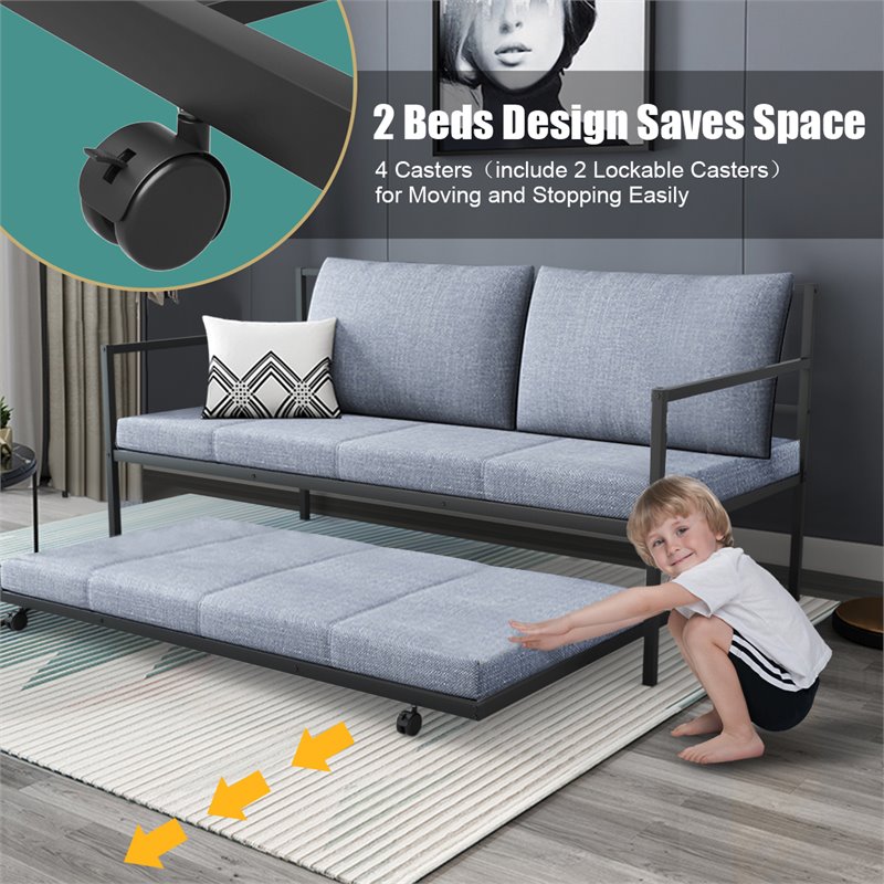 Pemberly Row Steel and MDF Twin Trundle Platform Daybed with 4 Casters in Black