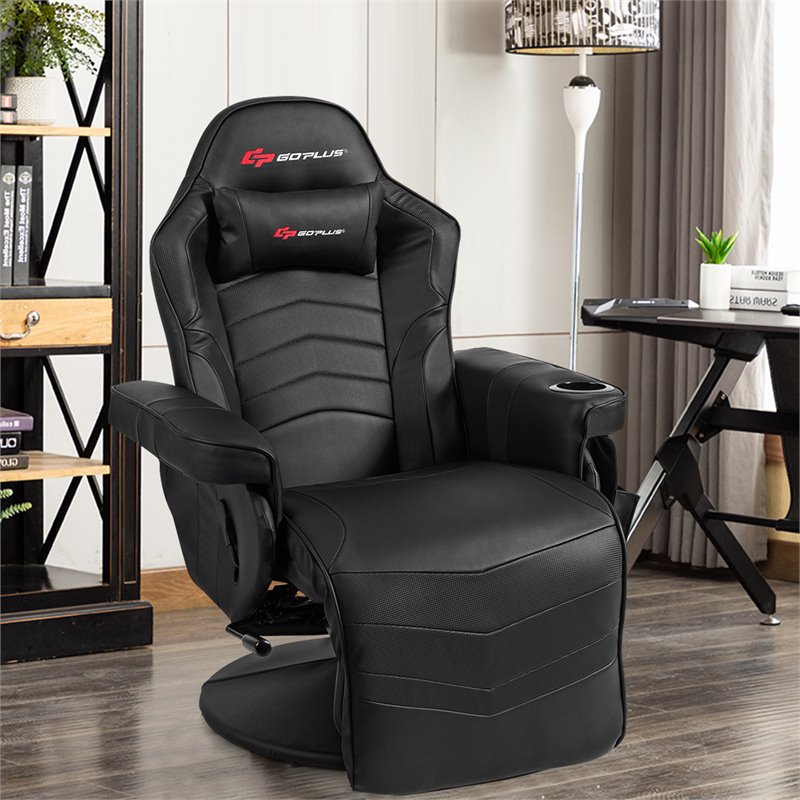 Pemberly Row PU Leather and Iron Swivel Massage Gaming Chair in Black