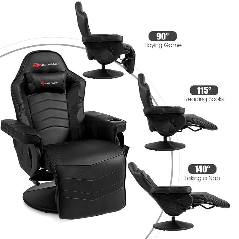 Pemberly Row PU Leather and Iron Swivel Massage Gaming Chair in Black