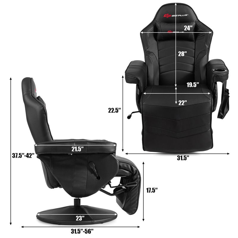 Pemberly Row PU Leather and Iron Swivel Massage Gaming Chair in Black