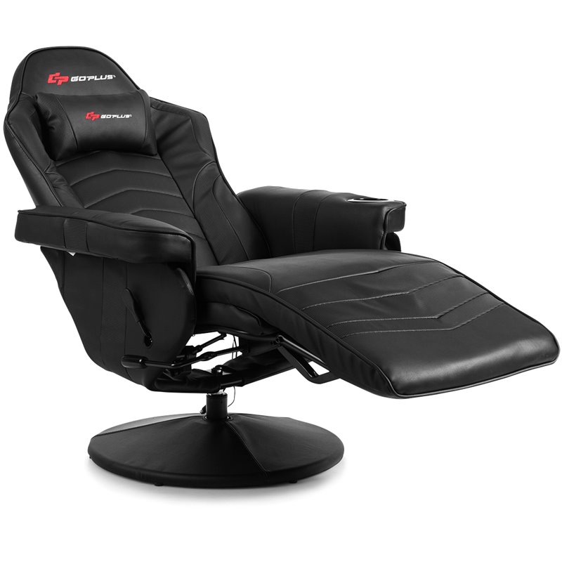 Pemberly Row PU Leather and Iron Swivel Massage Gaming Chair in Black