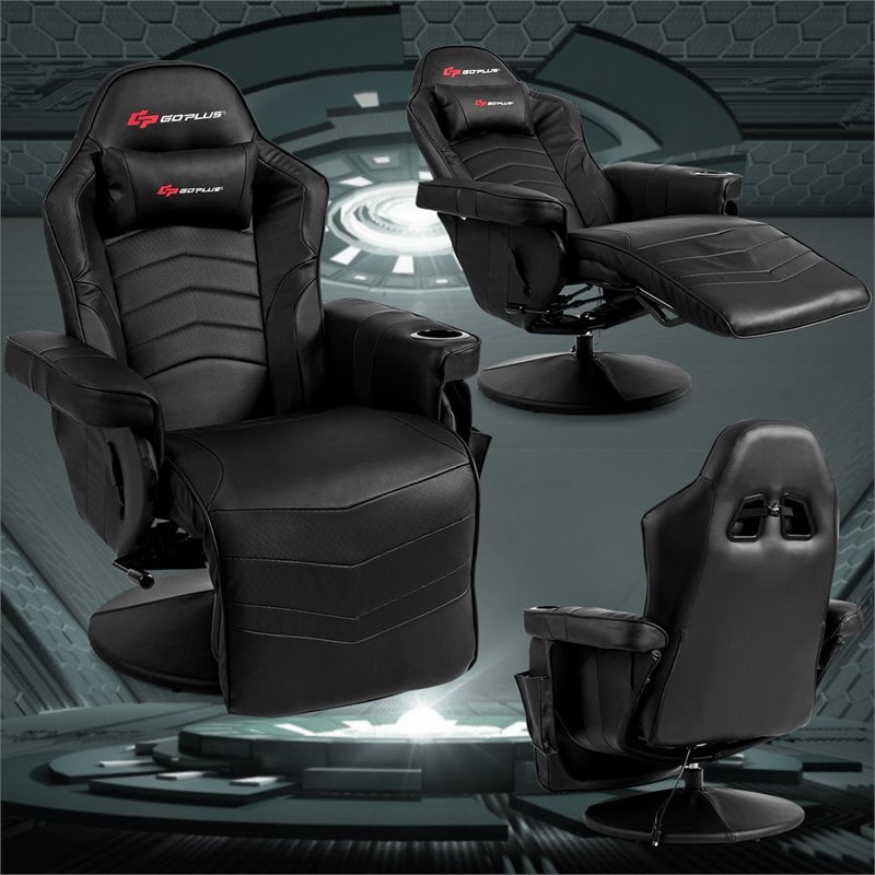 Pemberly Row PU Leather and Iron Swivel Massage Gaming Chair in Black