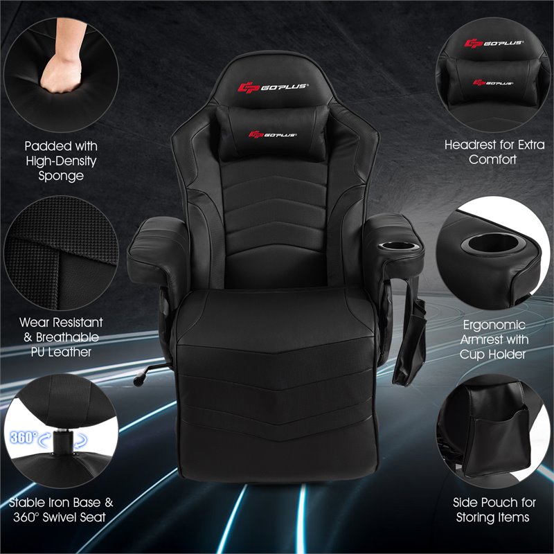 Pemberly Row PU Leather and Iron Swivel Massage Gaming Chair in Black