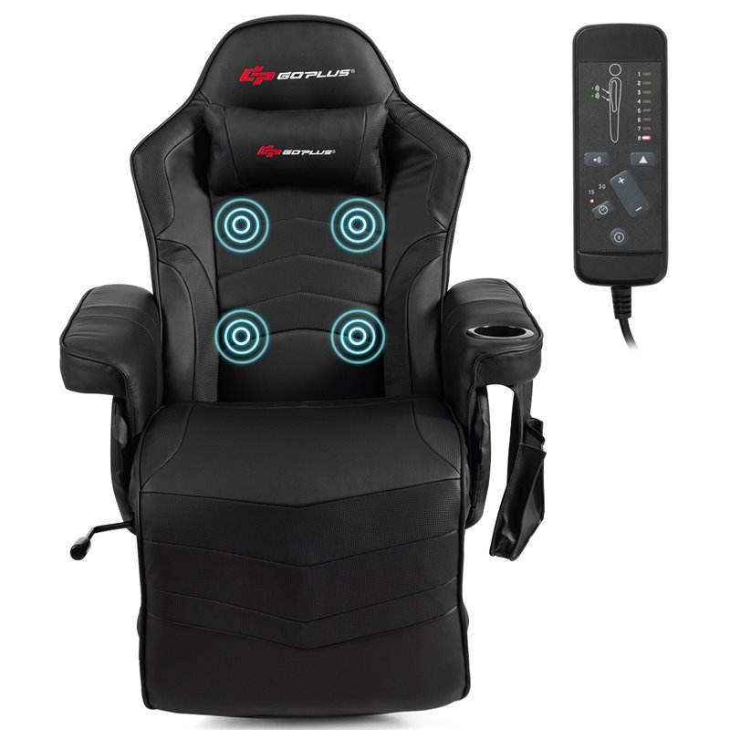 Pemberly Row PU Leather and Iron Swivel Massage Gaming Chair in Black