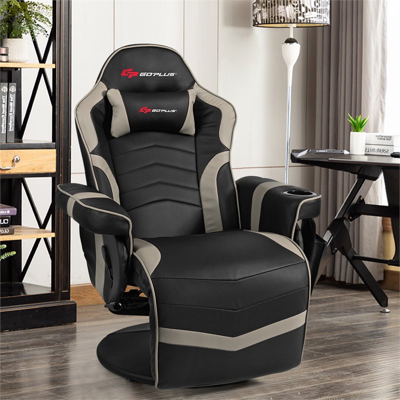 Pemberly Row PU Leather and Iron Swivel Massage Gaming Chair in Gray