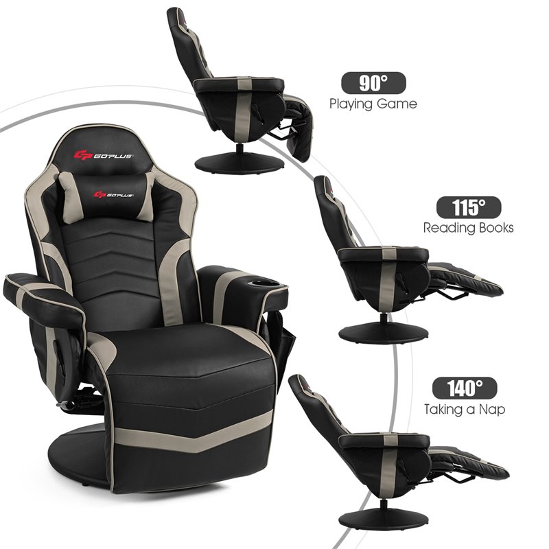 Pemberly Row PU Leather and Iron Swivel Massage Gaming Chair in Gray