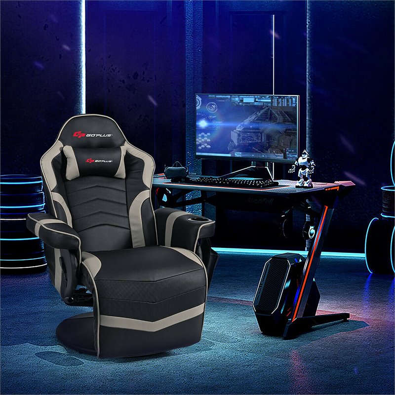 Pemberly Row PU Leather and Iron Swivel Massage Gaming Chair in Gray