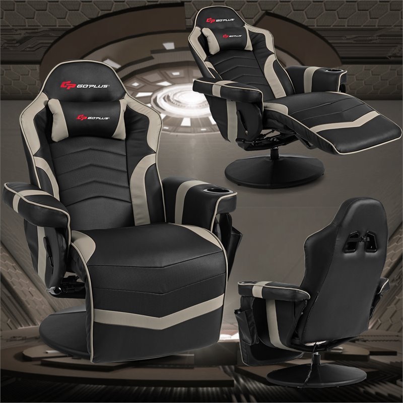 Pemberly Row PU Leather and Iron Swivel Massage Gaming Chair in Gray