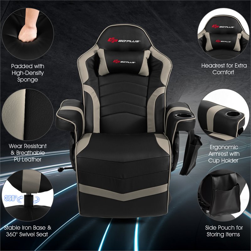 Pemberly Row PU Leather and Iron Swivel Massage Gaming Chair in Gray