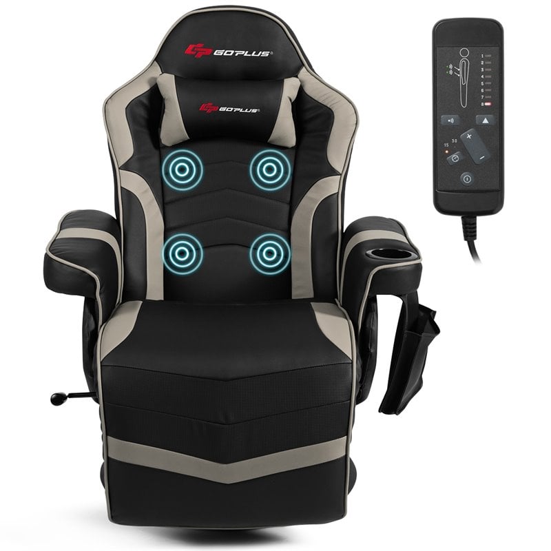 Pemberly Row PU Leather and Iron Swivel Massage Gaming Chair in Gray