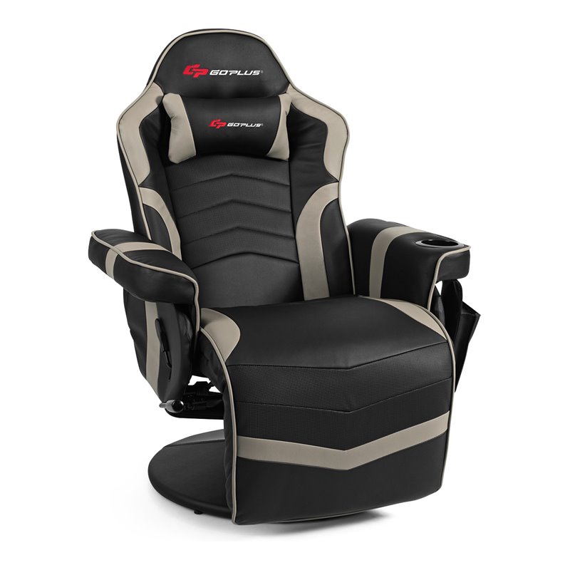 Pemberly Row PU Leather and Iron Swivel Massage Gaming Chair in Gray