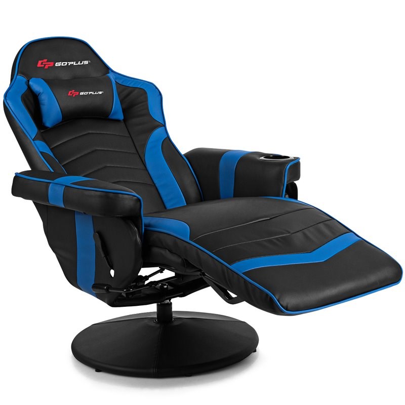 Pemberly Row PU Leather and Iron Swivel Massage Gaming Chair in Blue