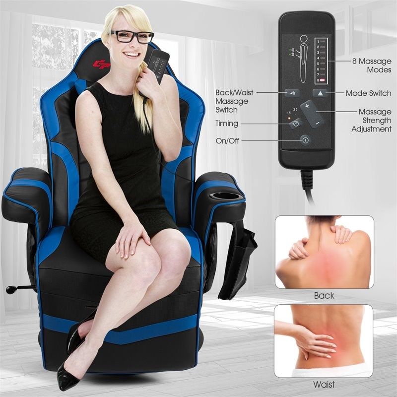 Pemberly Row PU Leather and Iron Swivel Massage Gaming Chair in Blue