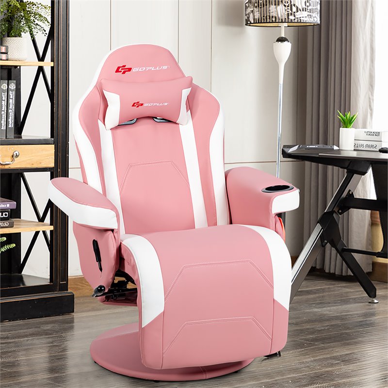 Pemberly Row PU Leather and Iron Swivel Massage Gaming Chair with Pillow in Pink