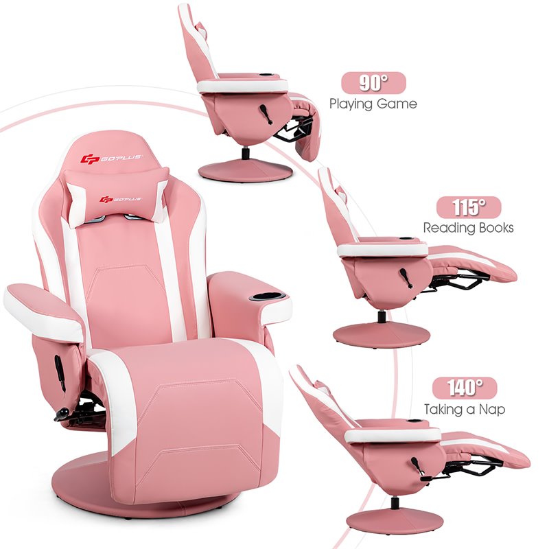 Pemberly Row PU Leather and Iron Swivel Massage Gaming Chair with Pillow in Pink
