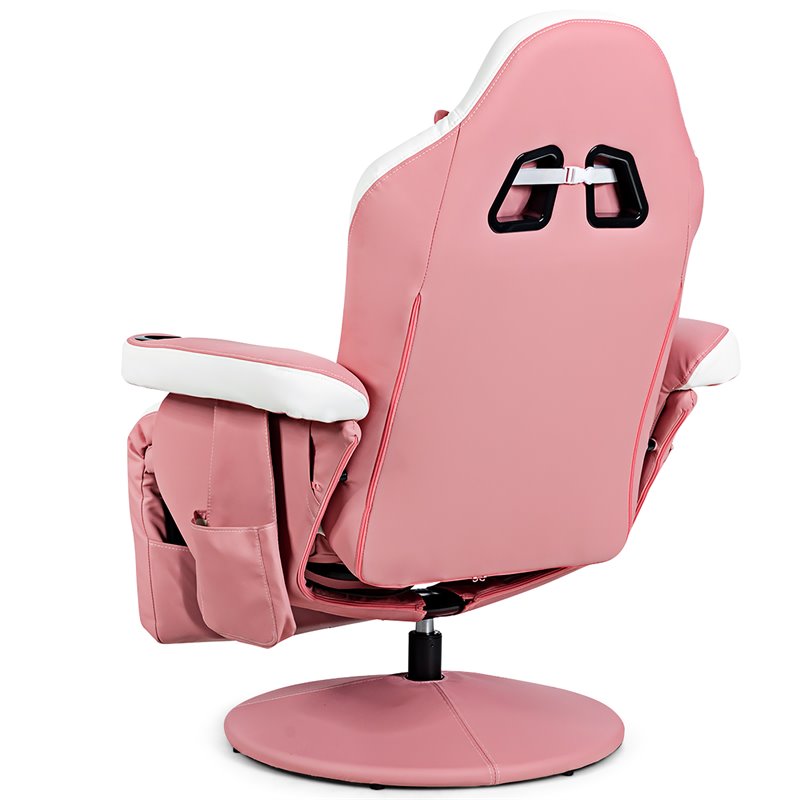 Pemberly Row PU Leather and Iron Swivel Massage Gaming Chair with Pillow in Pink