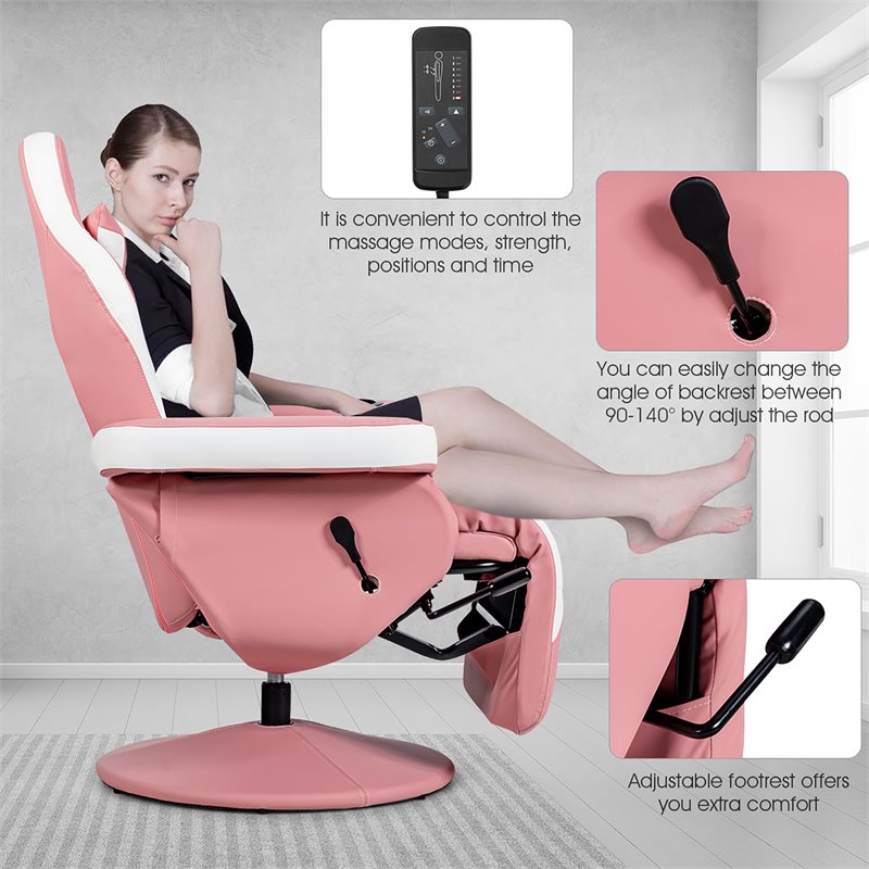 Pemberly Row PU Leather and Iron Swivel Massage Gaming Chair with Pillow in Pink