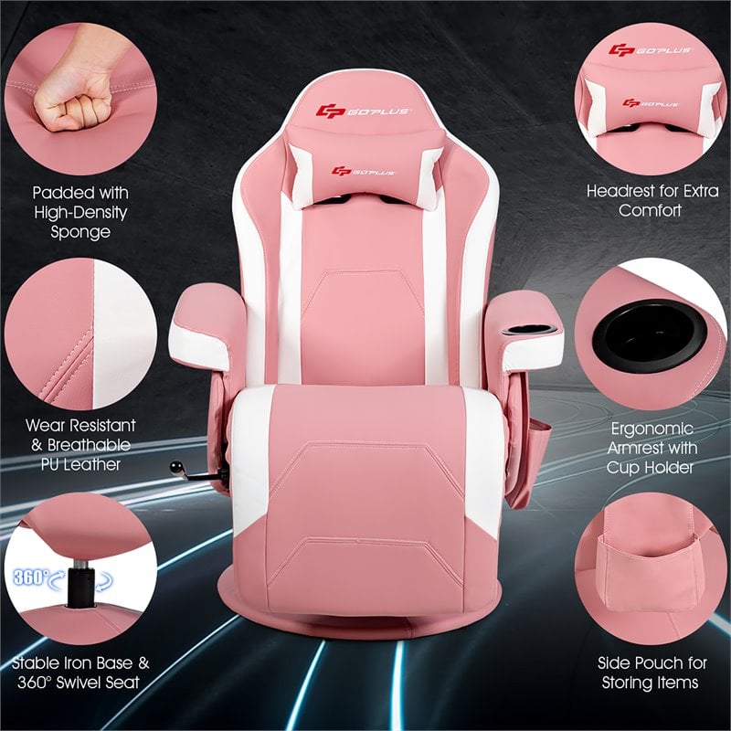 Pemberly Row PU Leather and Iron Swivel Massage Gaming Chair with Pillow in Pink