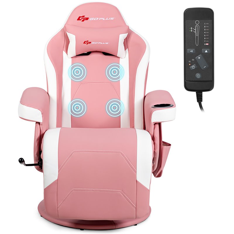 Pemberly Row PU Leather and Iron Swivel Massage Gaming Chair with Pillow in Pink