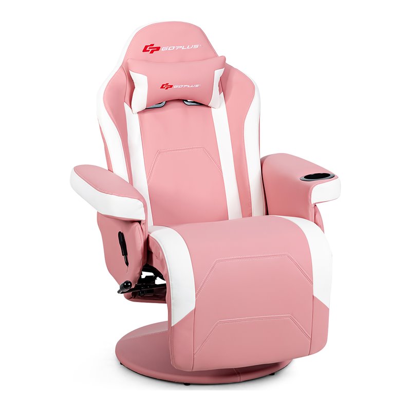 Pemberly Row PU Leather and Iron Swivel Massage Gaming Chair with Pillow in Pink